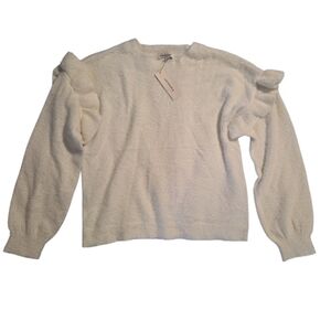Francesca's Collections Cream Ruffle-Shoulder Crew Sweater